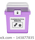 Pharmaceutical waste disposal container with locking lid and medication warning label. 3D rendering 143877835