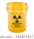 Radioactive waste container with radiation hazard symbol and sealed yellow lid. 3D rendering 143877837