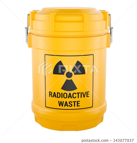 Radioactive waste container with radiation hazard symbol and sealed yellow lid. 3D rendering Radioactive waste container with radiation hazard symbol and sealed yellow lid. 3D rendering 143877837