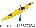 Sea kayak with yellow hull, storage hatches and paddle for touring and water sports. 3D rendering 143877838