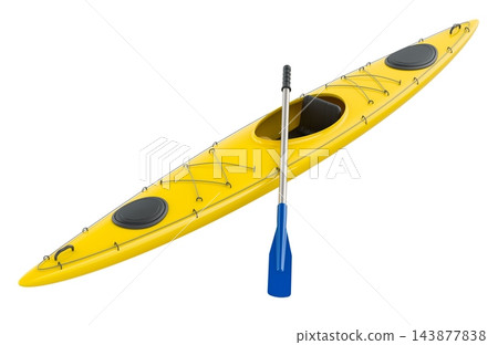 Sea kayak with yellow hull, storage hatches and paddle for touring and water sports. 3D rendering Sea kayak with yellow hull, storage hatches and paddle for touring and water sports. 3D rendering 143877838