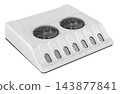 Vehicle rooftop air conditioner with dual cooling fans and ventilation grilles. 3D rendering 143877841