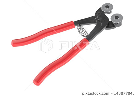 Wheeled mosaic tile nippers with red handles and spring loaded cutting jaws. 3D rendering Wheeled mosaic tile nippers with red handles and spring loaded cutting jaws. 3D rendering 143877843