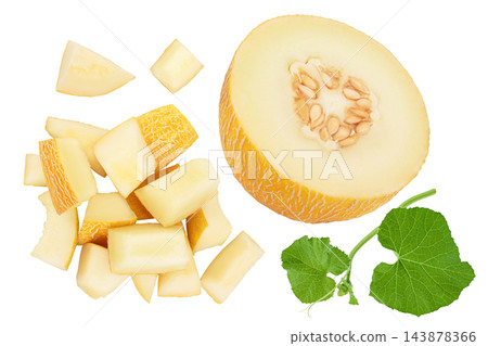 Melon diced isolated on white background with full depth of field. Top view. Flat lay Melon diced isolated on white background with full depth of field. Top view. Flat lay 143878366