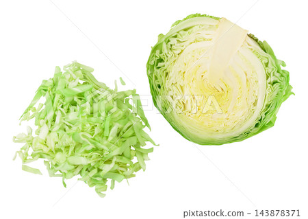 Green chopped cabbage isolated on white background with full depth of field. Top view. Flat lay. 143878371