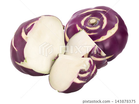Cabbage kohlrabi and half isolated on white background closeup 143878375