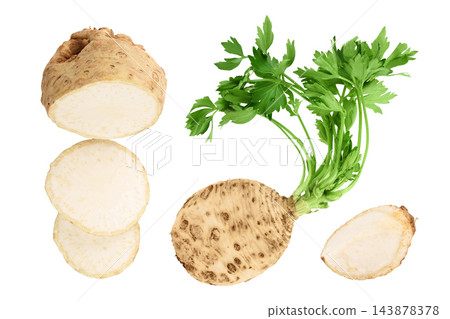 Fresh celery root isolated on white background. Top view. Flat lay. Set or collection Fresh celery root isolated on white background. Top view. Flat lay. Set or collection 143878378