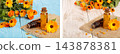 aromatherapy essential oil with fresh marigold flowers on blue wooden background. Calendula oil 143878381