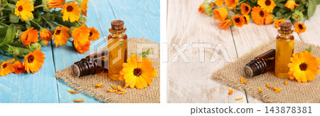 aromatherapy essential oil with fresh marigold flowers on blue wooden background. Calendula oil aromatherapy essential oil with fresh marigold flowers on blue wooden background. Calendula oil 143878381