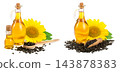 Sunflower oil, seeds and flower isolated on white background 143878383