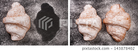 one croissant sprinkled with powdered sugar on black stone background with copy space for your text. Top view one croissant sprinkled with powdered sugar on black stone background with copy space for your text. Top view 143878402