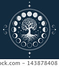 Moon phases astronomy and Mystical Tree of life, lunar cycle, full moon, waning, waxing, first quarter, gibbous, crescent, third quarter. Boho style, circle logo vector Illustration on blue background 143878408