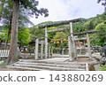滋賀縣長濱市，春天的伊賀神社入口處的石鳥居和神社庭院 143880269