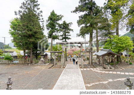 滋賀縣長濱市,春天的伊賀神社入口處的石鳥居和神社庭院 滋賀縣長濱市,春天的伊賀神社入口處的石鳥居和神社庭院 143880270