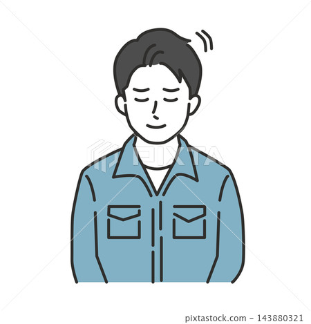 插圖描繪了一位身穿藍色工作服的男士,他閉著眼睛,面帶微笑,並禮貌地鞠躬。 插圖描繪了一位身穿藍色工作服的男士,他閉著眼睛,面帶微笑,並禮貌地鞠躬。 143880321