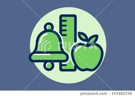 School Equipment Icon with Bell, Ruler, and Apple in Green Circle Badge School Equipment Icon with Bell, Ruler, and Apple in Green Circle Badge 143880356