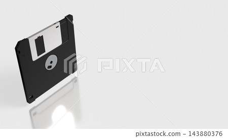 Retro Black Floppy Disk for Vintage Computer Data Storage on White Background with Copy Space 3d render. Retro Black Floppy Disk for Vintage Computer Data Storage on White Background with Copy Space 3d render. 143880376