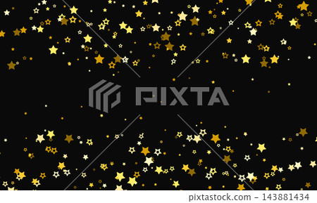 Decorative background of gold star confetti. Glitter made of stars on black background 143881434