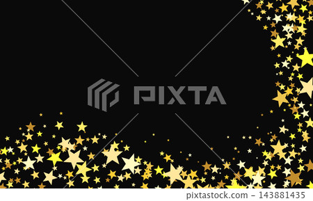 Decorative background of gold star confetti. Glitter made of stars on black background 143881435