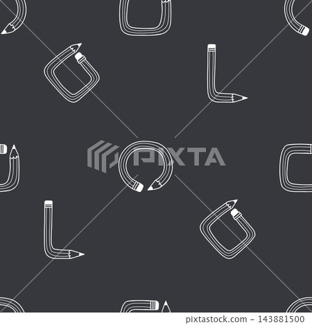 Seamless Pattern Flexible Wooden Pencils Doodle. White Outline Bent Curved Stationery Object in Geometric Shapes Angle, Square, Circle on Black Background. Vector Illustration. Line Art Hand Drawn Seamless Pattern Flexible Wooden Pencils Doodle. White Outline Bent Curved Stationery Object in Geometric Shapes Angle, Square, Circle on Black Background. Vector Illustration. Line Art Hand Drawn 143881500