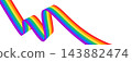 Bright rainbow ribbon wave shape. LGBTQ Pride month flag. Rainbow color wavy lines for banner, poster, flyer, brochure, booklet, cover. Vector colorful linear graphic design background in perspective 143882474