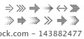 Different dotted arrow symbol set. Dashed direction icon collection. Black pointer arrows pack for navigation, infographic, movement design, process. Various cursor sign element bundle. Vector 143882477