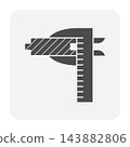 Black caliper measuring timber cross section icon with hatched wood and graduated scale 143882806