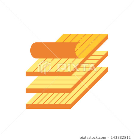 Yellow and orange layered flooring icon with rolled top sheet and striped wood boards 143882811