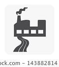 Black silhouette factory discharging wastewater icon with smokestack and flowing effluent 143882814