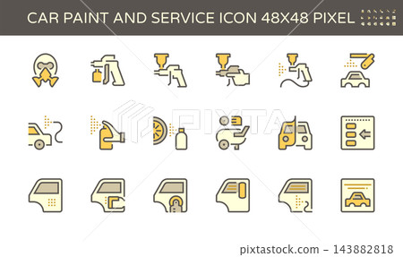 Yellow car painting and repair service icon set with spray guns body panels and coating tools Yellow car painting and repair service icon set with spray guns body panels and coating tools 143882818