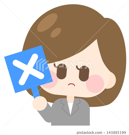 A woman with bobbed hair wearing a suit (holding an "X" sign) 143885199