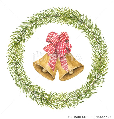 Christmas watercolor illustration of golden bells with a red gingham bow inside a circular pine wreath. Suitable for Christmas cards, holiday greetings and festive seasonal illustrations. 143885698
