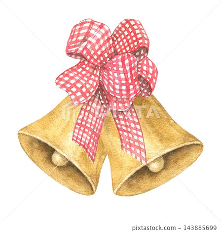 Christmas watercolor illustration of golden bells decorated with a red gingham bow. Ideal for Christmas cards, holiday greetings and festive seasonal illustrations with traditional winter details. Christmas watercolor illustration of golden bells decorated with a red gingham bow. Ideal for Christmas cards, holiday greetings and festive seasonal illustrations with traditional winter details. 143885699