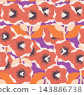 Seamless botanical pattern with stylized coral flowers, cream leaves, black centers, and vivid purple and orange shapes. Decorative flat illustration for fabric, wallpaper, wrapping, and surface print 143886738