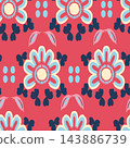 Seamless floral repeat with large stylized blossoms, navy butterfly shapes, and soft pastel accents on vivid coral background, creating playful decorative surface design for fabric, wallpaper, gift 143886739