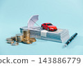 A red toy car sits on a thick stack of banknotes beside a miniature umbrella, with coin stacks and a pen nearby, illustrating a conceptual link between vehicle costs and financial protection. 143886779