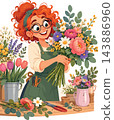 Happy florist creating beautiful flower bouquet with fresh blossoms 143886960