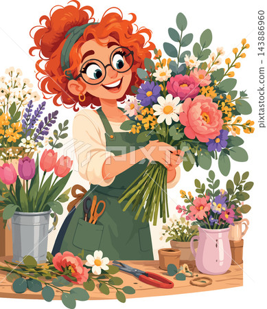 Happy florist creating beautiful flower bouquet with fresh blossoms Happy florist creating beautiful flower bouquet with fresh blossoms 143886960