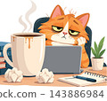 Tired cat working on laptop with coffee at desk 143886984