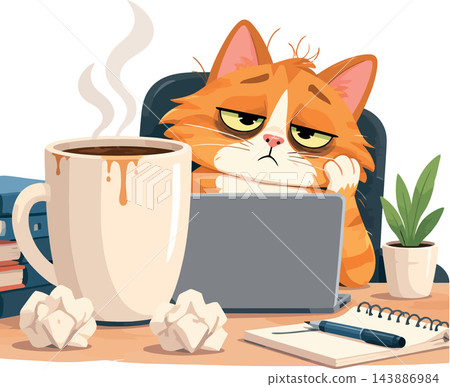 Tired cat working on laptop with coffee at desk Tired cat working on laptop with coffee at desk 143886984
