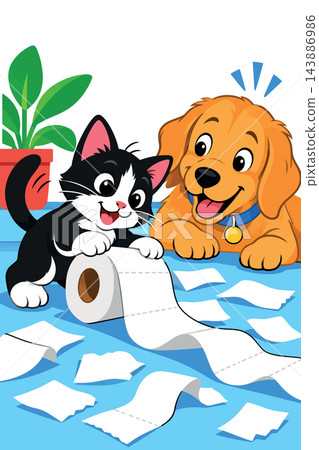 Pets playing with toilet paper creating a mess 143886986