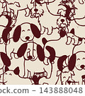 Seamless repeating pattern of playful dog faces and full puppy outlines in burgundy line art on warm beige background, suitable for pet themed wrapping paper, textiles, wallpaper and nursery decor. 143888048