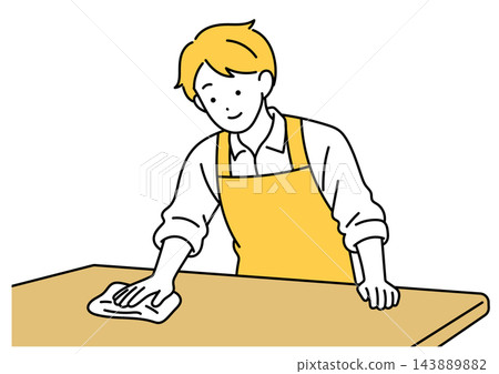 An illustration of a househusband wiping and cleaning a table. An illustration of a househusband wiping and cleaning a table. 143889882
