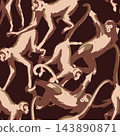 Repeatable allover layout of stylized monkeys in beige and brown tones, featuring curved limbs and jungle-inspired accents on dark backdrop for wrapping paper, prints, and textile use. 143890871