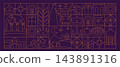 Three Kings Day line art deco banner with Reyes Magos, camel, crowns, lantern and roscon in gold outline on purple. Spanish Epiphany Christmas geometric mosaic background with editable stroke. 143891316