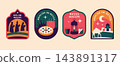 Three Kings Day stickers set with Reyes Magos, roscon, lantern and camel in geometric flat style. Spanish Epiphany Christmas badges, emblems and labels with Dia de Reyes lettering, editable vector. 143891317