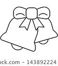 Two Christmas bells line art icon illustration tied together with ribbon bow isolated on transparent background. Black outline jingle bells clip art for holiday layout. Two Christmas bells line art icon illustration tied together with ribbon bow isolated on transparent background. Black outline jingle bells clip art for holiday layout. 143892224