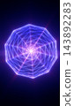 Purple glowing wireframe portal with geometric polygon lines, neon network structure, and bright central energy vortex. 143892283