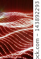 White glowing particle waves across a red digital landscape, forming an abstract futuristic data field with motion and depth. 143892293