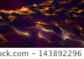 Golden abstract digital mesh wave with glowing particles, warm light trails, and futuristic data landscape. 143892296